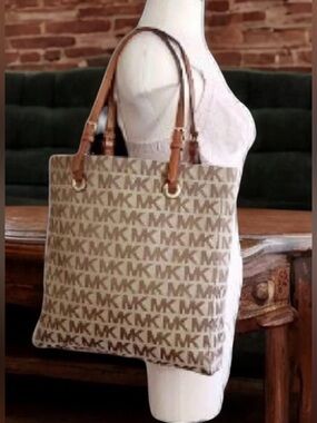 Michael Kors Brown MK Signature Tote with Leather Straps